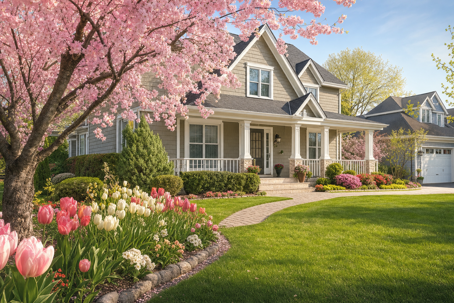A charming New Jersey home surrounded by cherry blossoms and tulips in full spring bloom