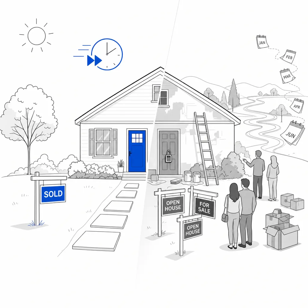 Illustration comparing a fast as-is cash home sale with a slower traditional agent sale