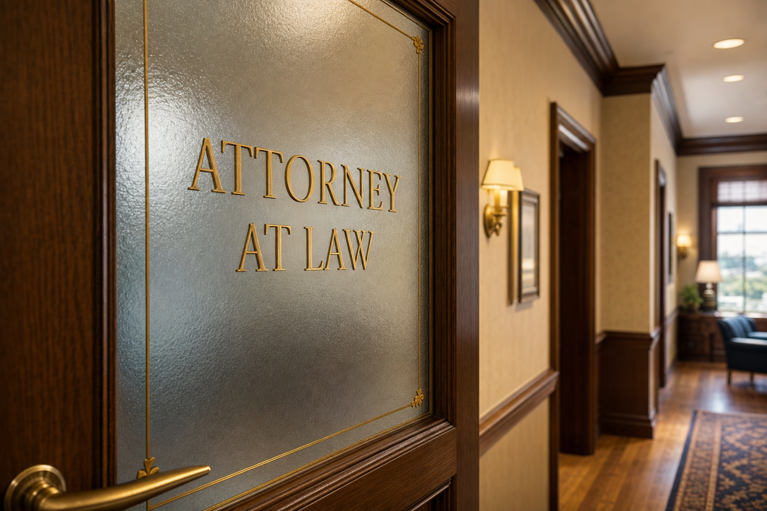 A frosted glass office door with gold lettering reading Attorney at Law