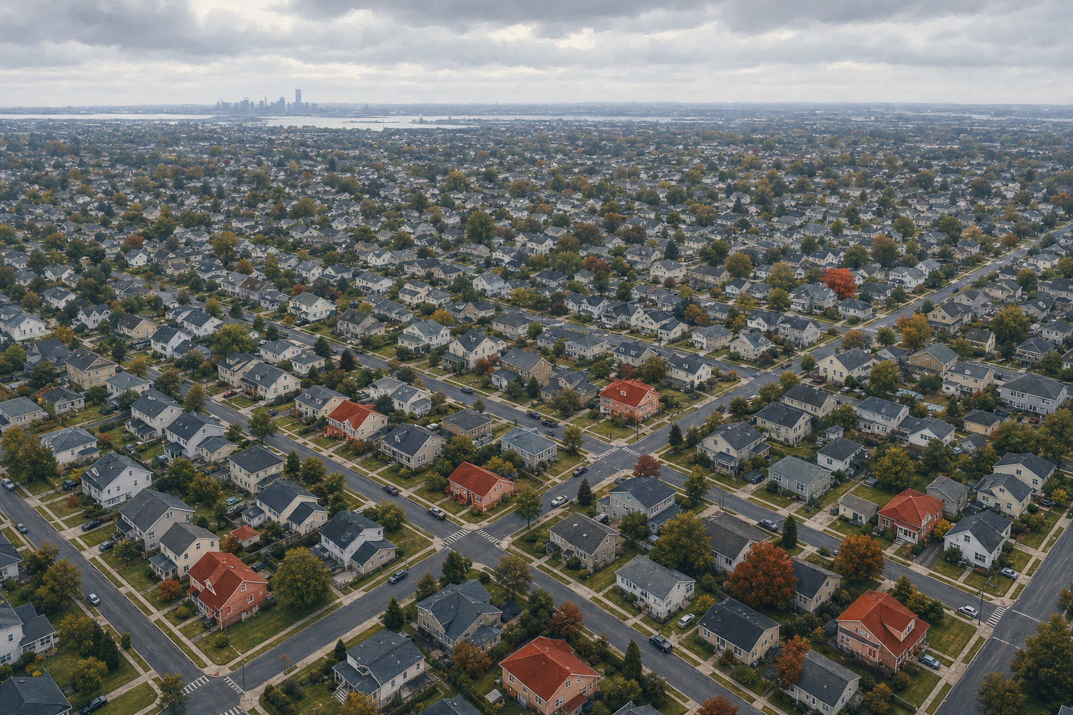 Aerial view of a New Jersey suburban neighborhood grid with a scattered handful of red-roofed homes standing out among gray rooftops