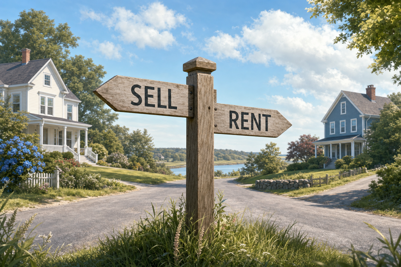 A wooden crossroads signpost with arrows pointing to Sell one way and Rent the other