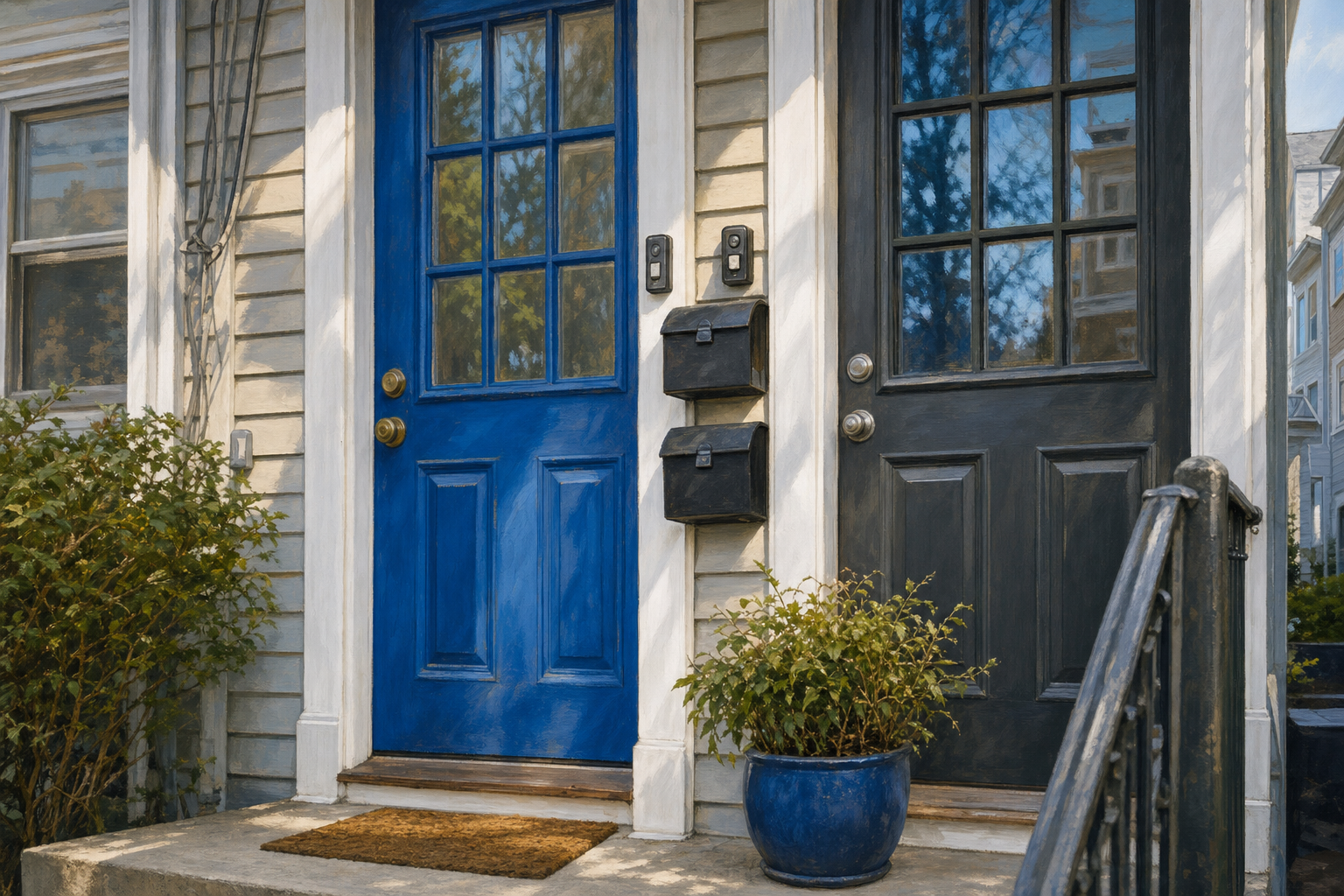 Close-up of two front doors and two mailboxes at a New Jersey two-family rental, signaling occupied units