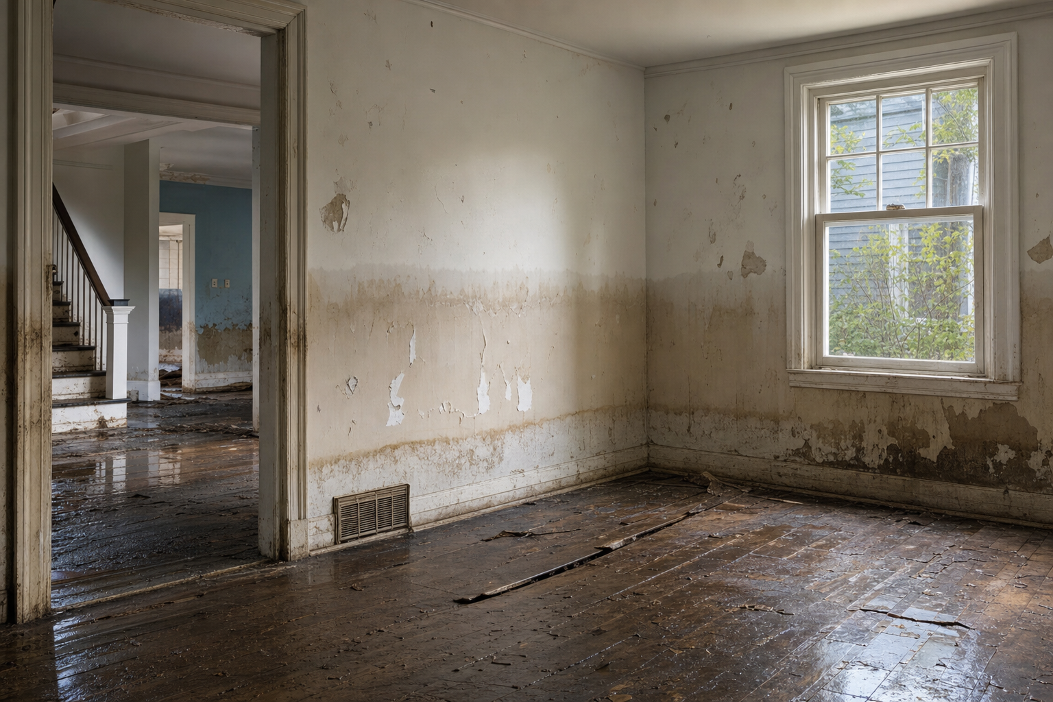 A New Jersey home interior with water-stained walls and warped flooring after a flood, before an as-is sale